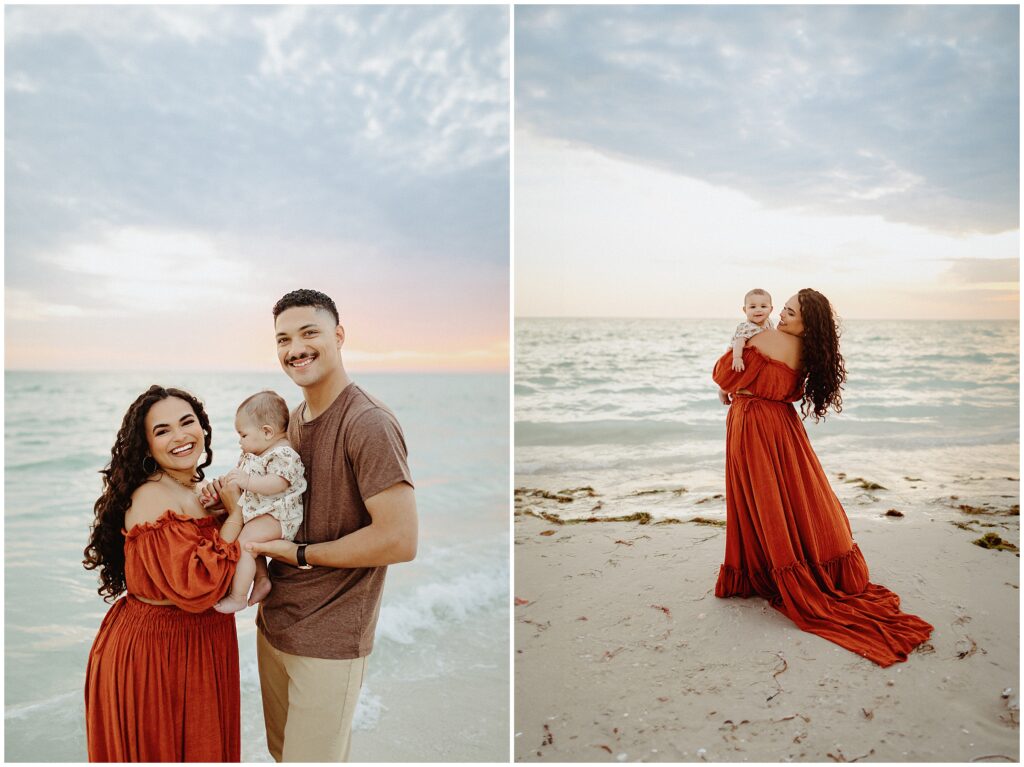 Happy family enjoying a beach outing on Honeymoon Island, with Taylor in a stylish rust-colored dress, her husband in casual attire, and their joyful child