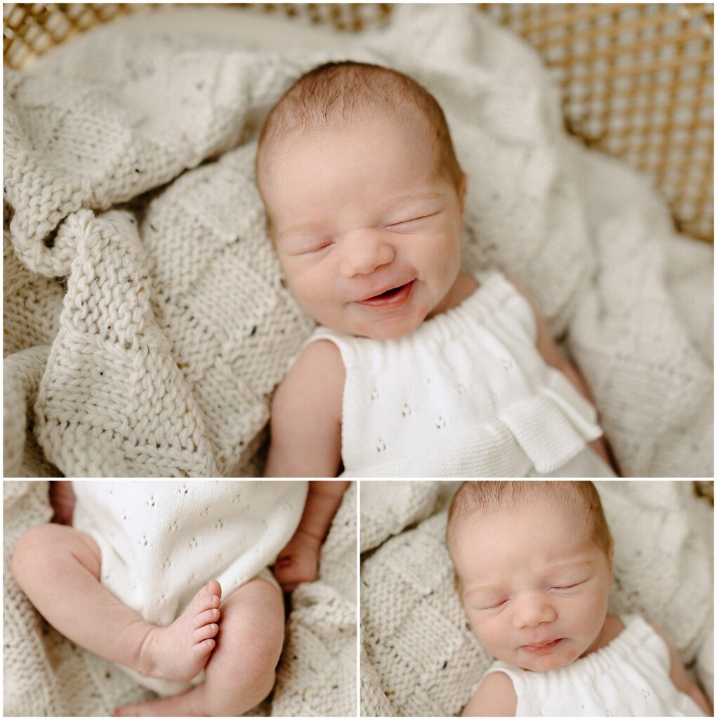 Sweet close-up of a 1-week-old baby girl smiling wearing a delicate white dress, showcasing her tiny features and adorable innocence during a newborn photoshoot