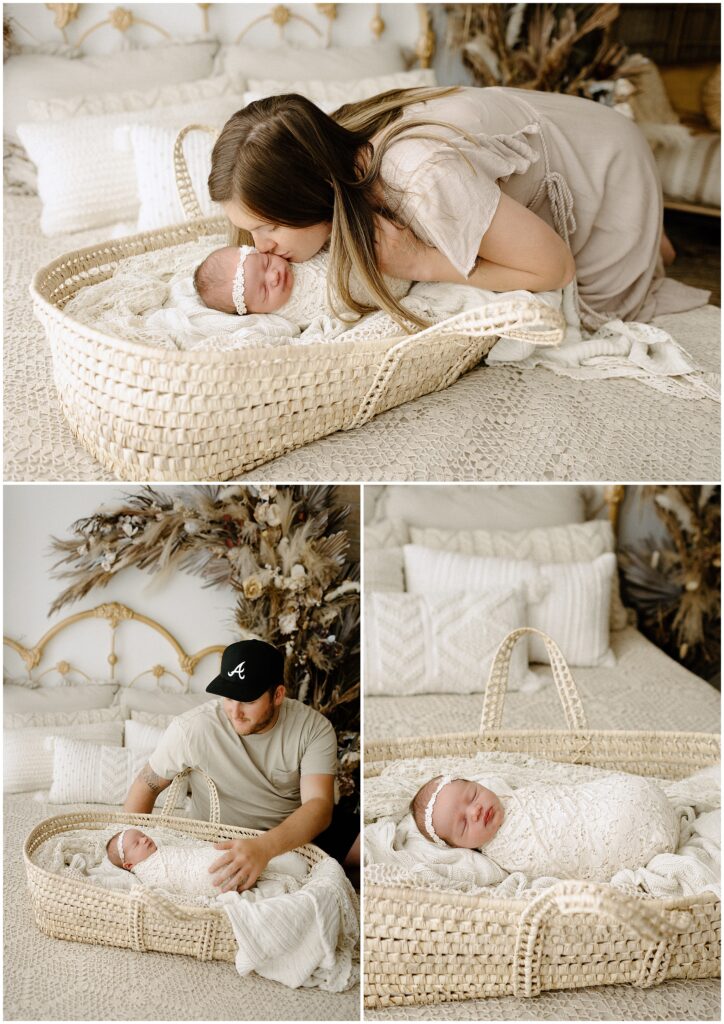 Adorable baby girl peacefully sleeping in white lace wraps, surrounded by a warm and inviting boho-inspired studio atmosphere