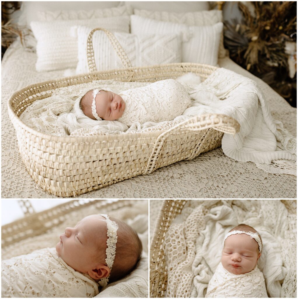 Newborn baby girl wrapped in soft white lace wraps and adorned with a matching headband, captured in a serene and cozy studio setting