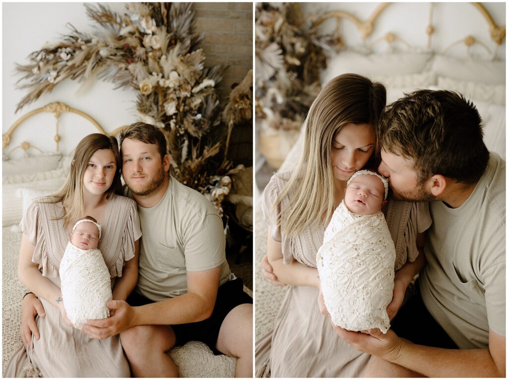 Beautiful family bonding moment captured in a cozy studio, showcasing mom, dad, and their 1-week-old baby girl in coordinated outfits against a bohemian backdrop