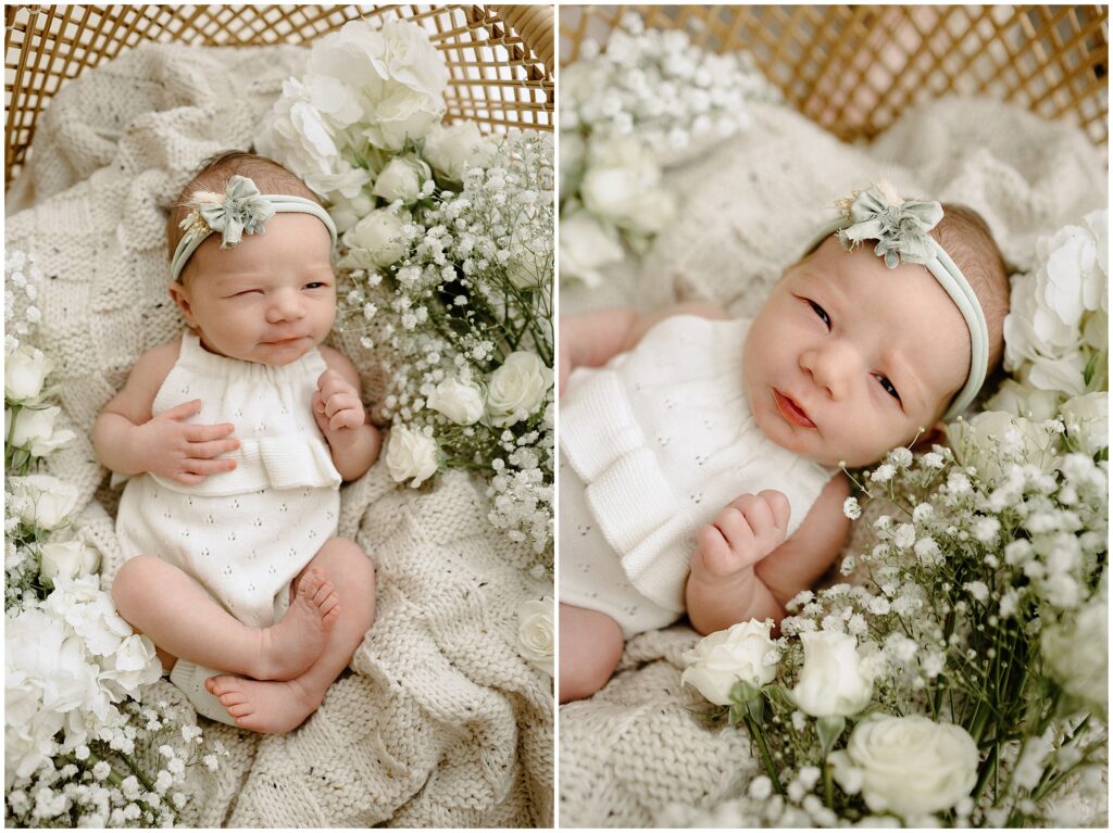 Charming photograph of a 1-week-old baby girl nestled among baby's breath flowers, showcasing her innocence and the beauty of early infancy