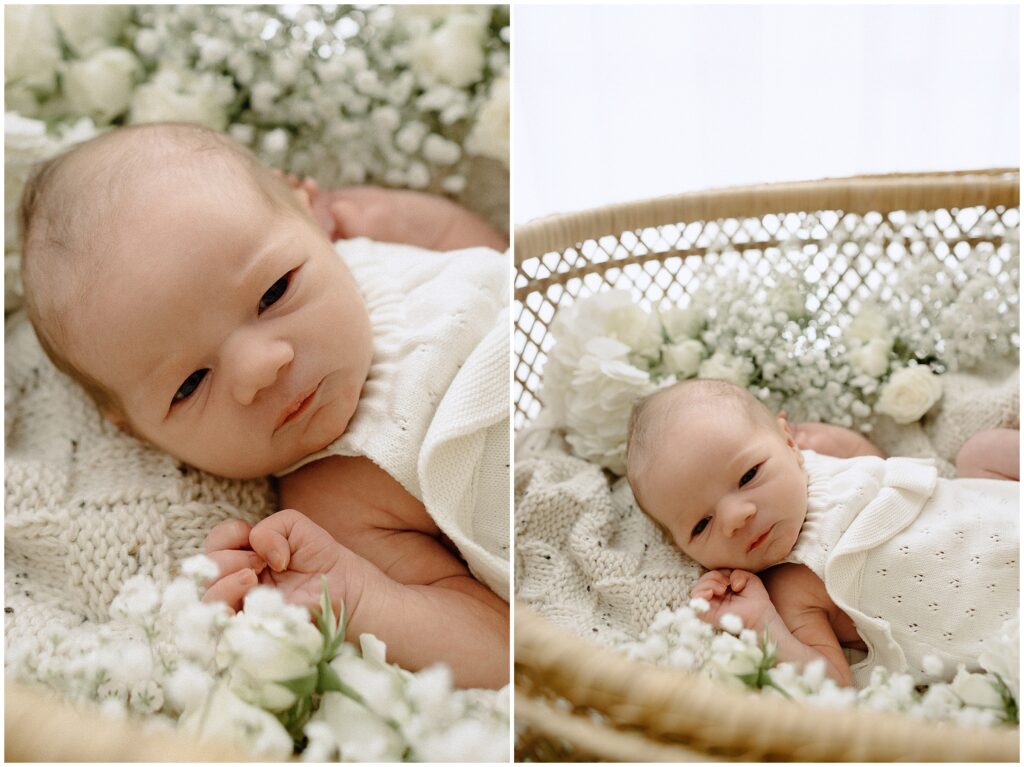 Close-up portrait of a 1-week-old baby girl adorned with baby's breath flowers, highlighting her innocence and natural beauty
