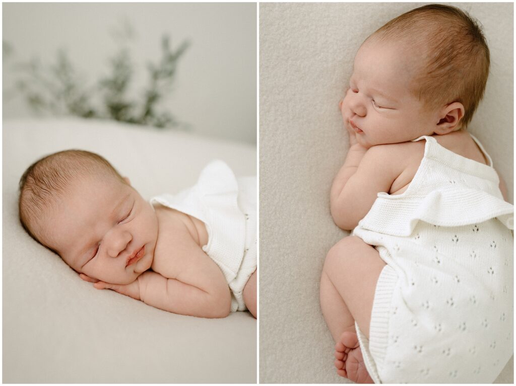 Sweet close-up of a 1-week-old baby girl wearing a delicate white dress, showcasing her tiny features and adorable innocence during a newborn photoshoot