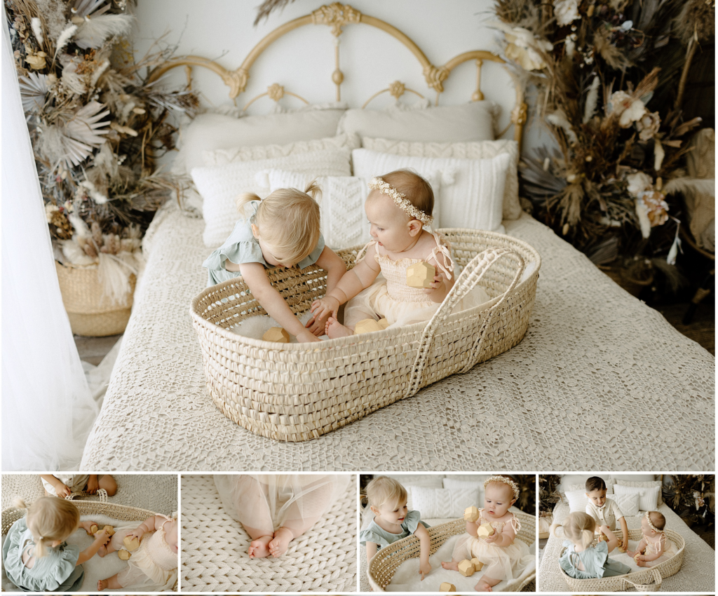 Siblings playing in woven basket in boho studio  in Springhill florida