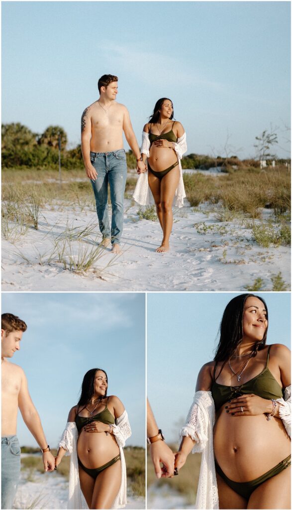 Maternity session at beach with mom and dad walking with hand on belly in bikini in florida