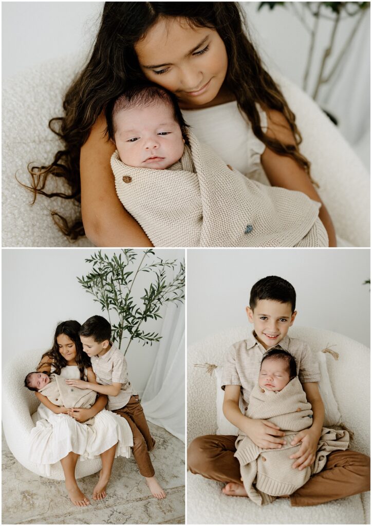 Close up sibling portraits of brother and sister with newborn sibling in Springhill Florida studio