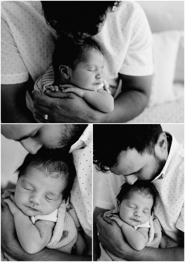 Black and white close up portraits of dad with newborn baby boy in Springhill Florida studio