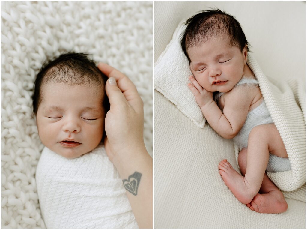 Close up photos of posed newborn baby boy sleeping in Springhill Florida studio