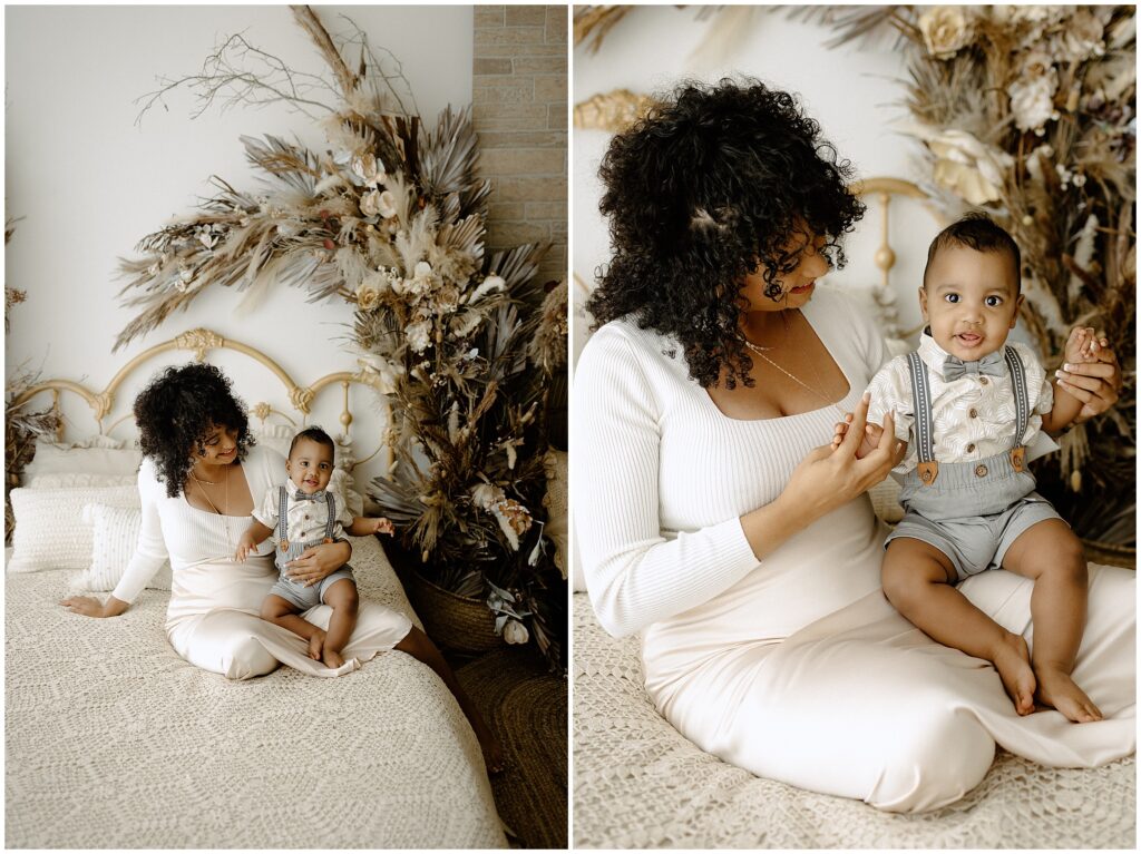 Mom and son smiling during a session at springhill florida photography studio