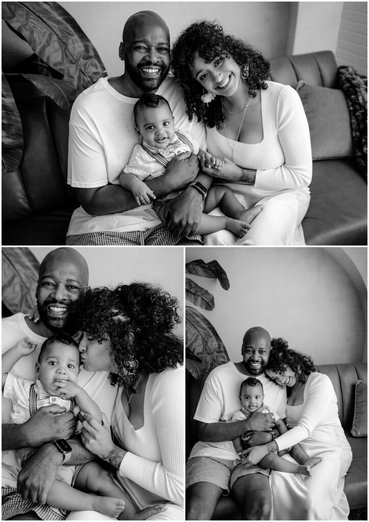 black and white portrait of Happy family with dad, mom, and son laughing at springhill florida photography studio