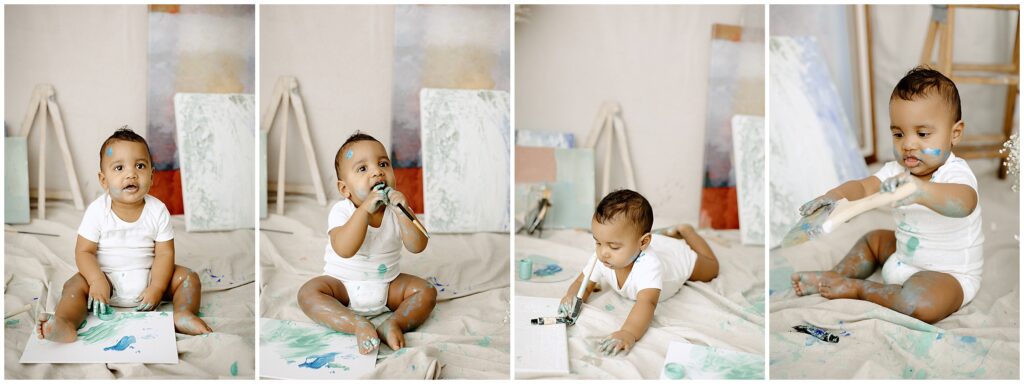 Little Artist session with little boy in white onesie using blue paint at springhill florida photography studio