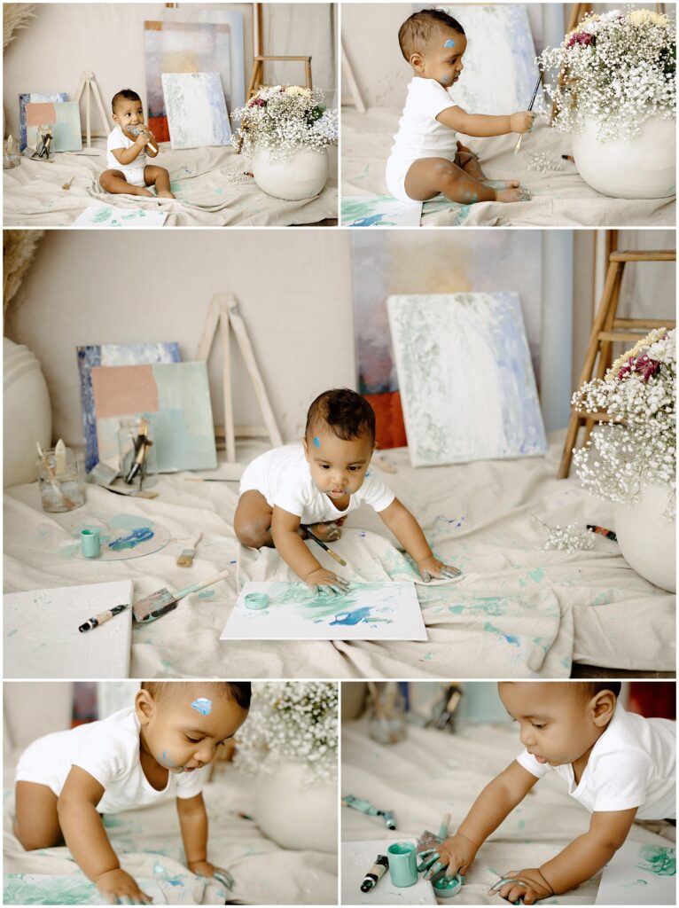 Son in a white onesie creating art at springhill florida photography studio