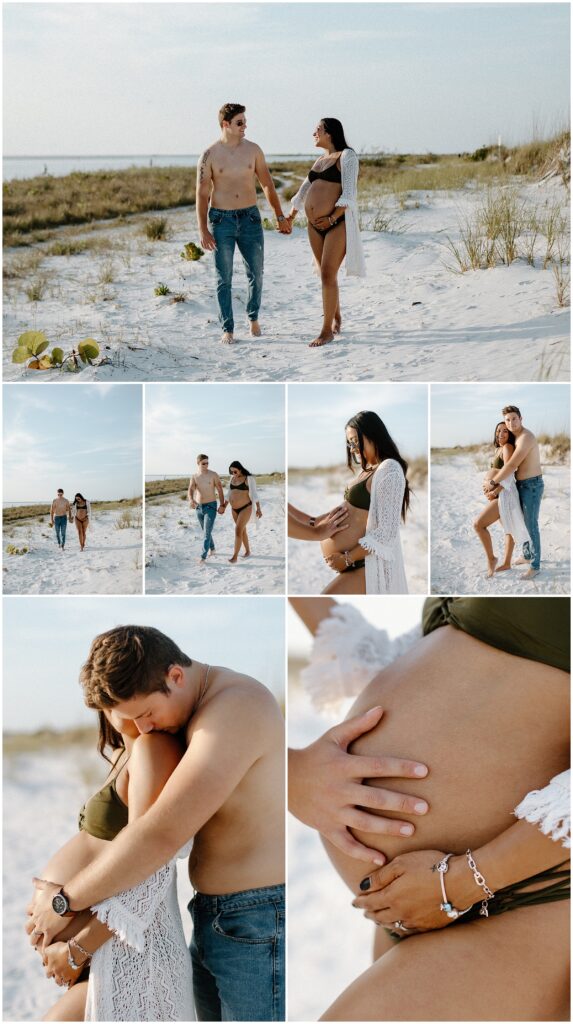 Beach maternity session, brunette woman wearing black bikini and dad in jeans in springhill florida