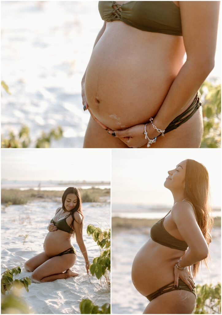 Close up maternity photos of brunette woman in green bikini at beach in sand in florida