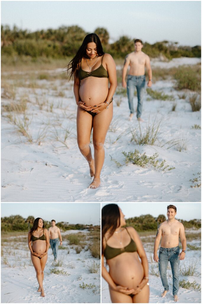 Maternity photos at beach in Springhill florida with brown hair woman in bikini and dad in jeans 