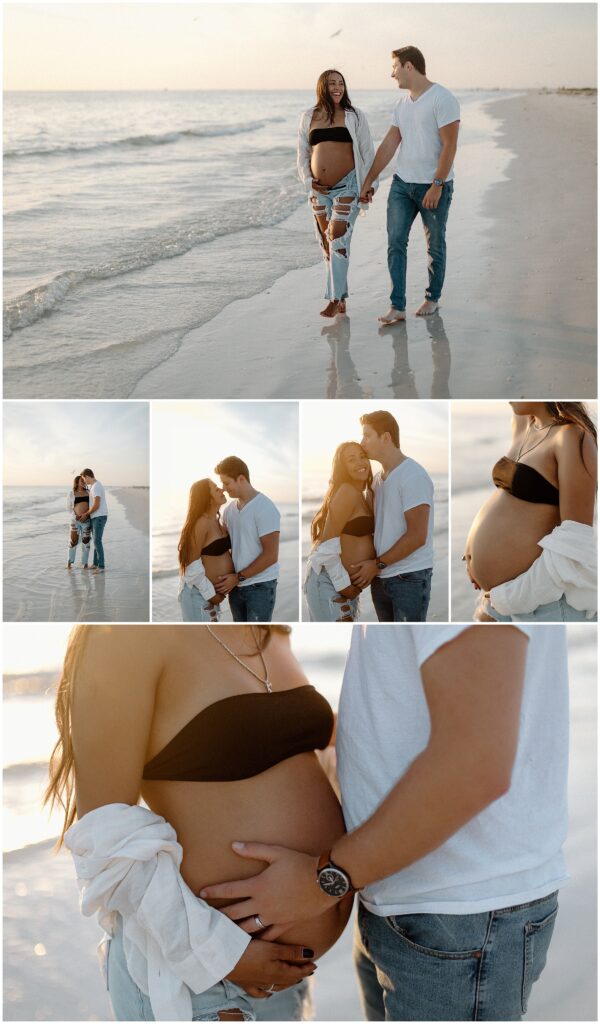 Maternity portraits of mom and dad holding hands while at beach in water in springhill florida