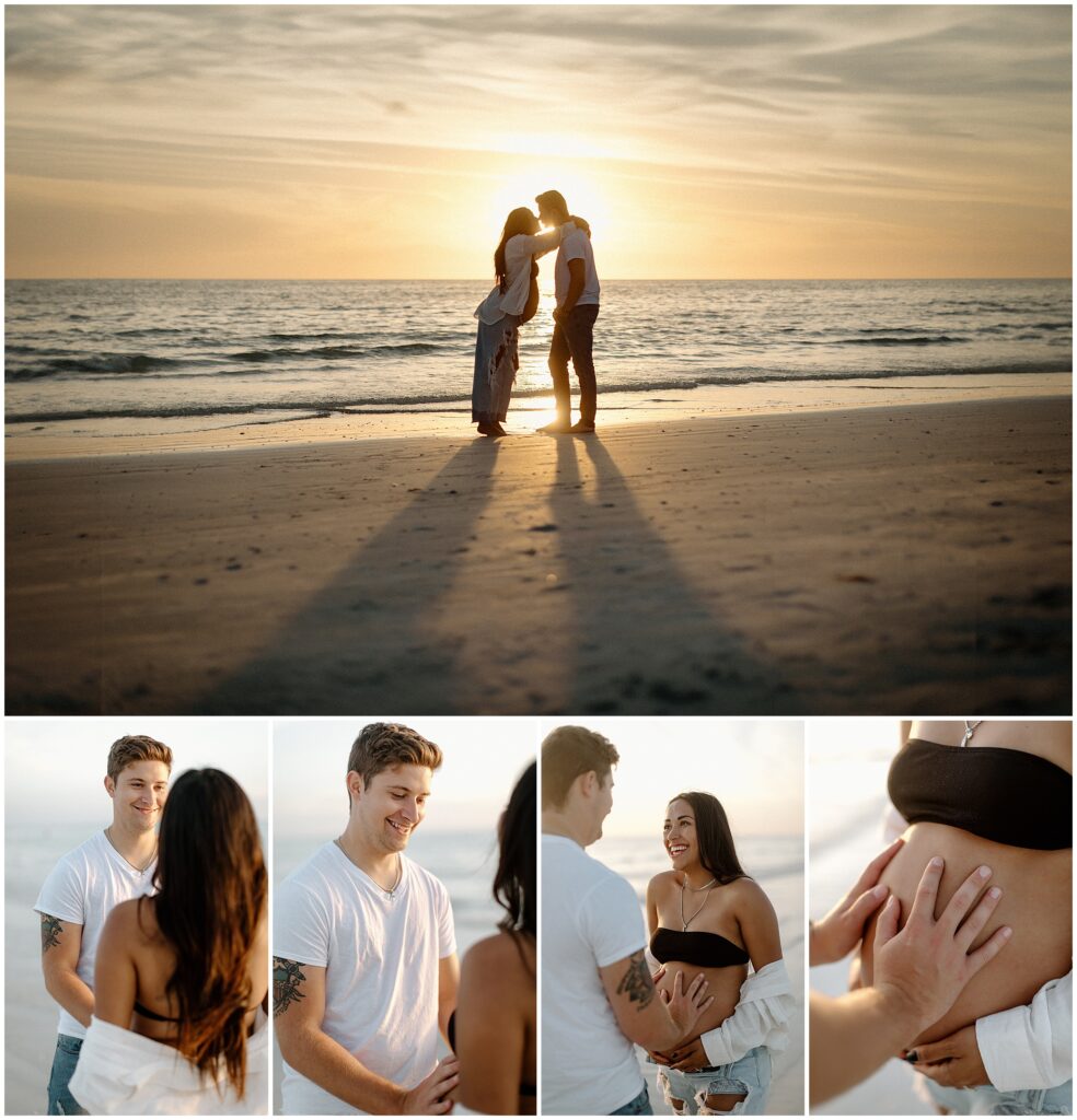 Maternity session at golden hour with mom in jeans and white shirt and dad in white shirt at beach in springhill florida