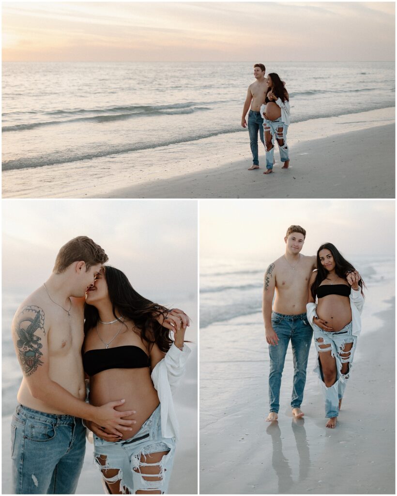 Maternity portraits of mom and dad holding hands while at beach in water in springhill florida