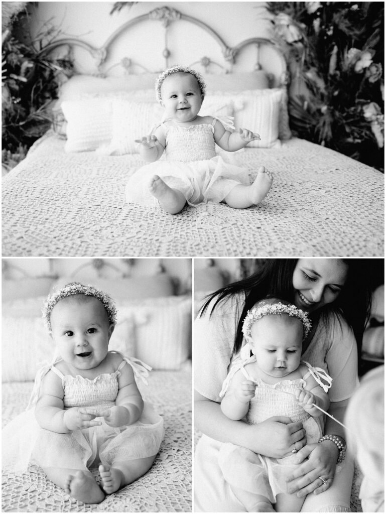 Black and white portraits of baby girl smiling and laughing  in Springhill florida studio