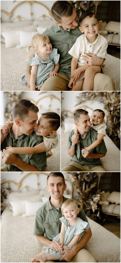 Close up portraits of siblings with dad smiling and playing in Springhill florida studio