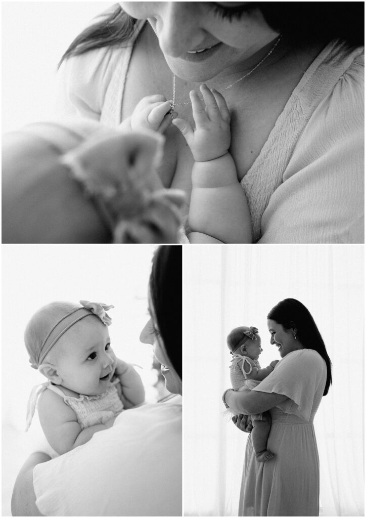 Close up black and white images of baby daughter with mom in Springhill florida studio