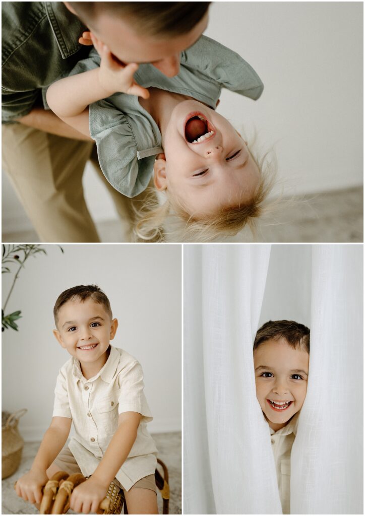 Close up smiling portraits of big brother playing during family session in Springhill florida studio