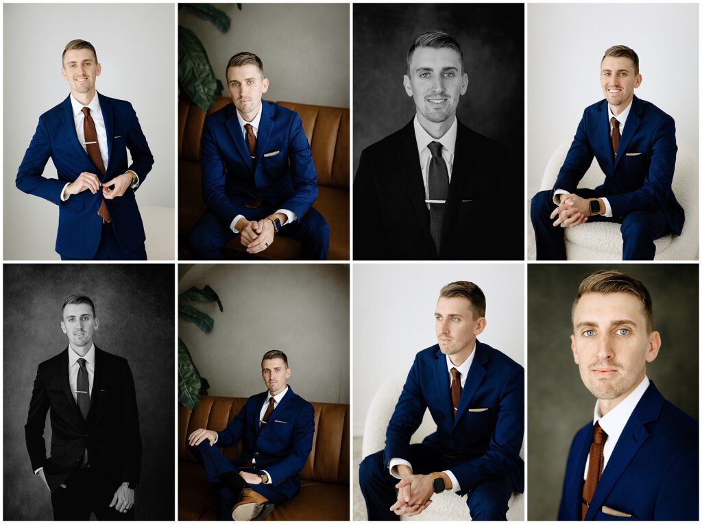 Professional headshot portraits of dad in dark blue suit in Springhill florida studio