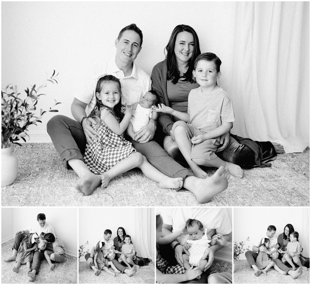 Black and white portraits of family enjoying a newborn photography session at springhill florida photography studio