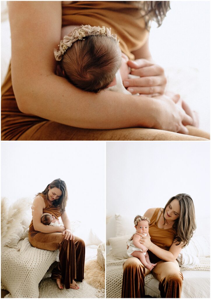 Joyful family portrait session with newborn and mom breastfeeding at springhill florida photography studio