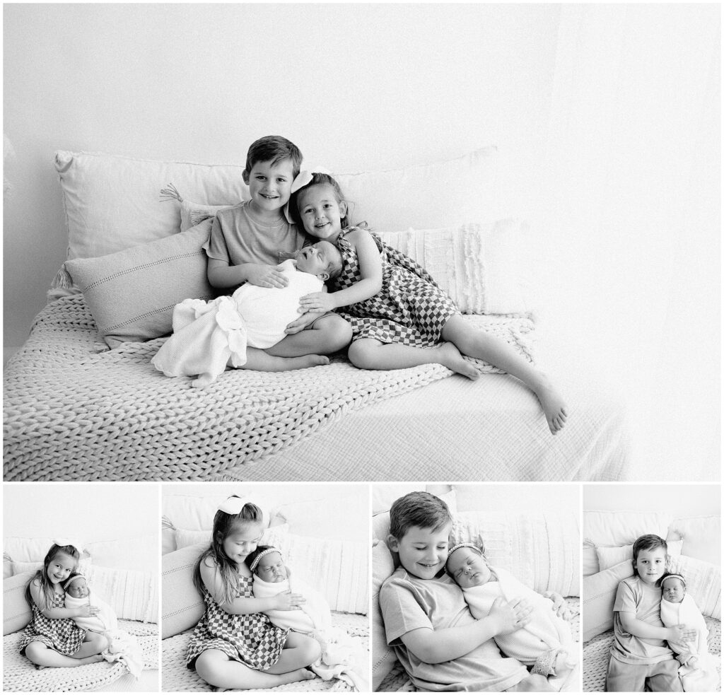 black and white portraits of Smiling faces in a family session with a newborn baby girl at springhill florida photography studio