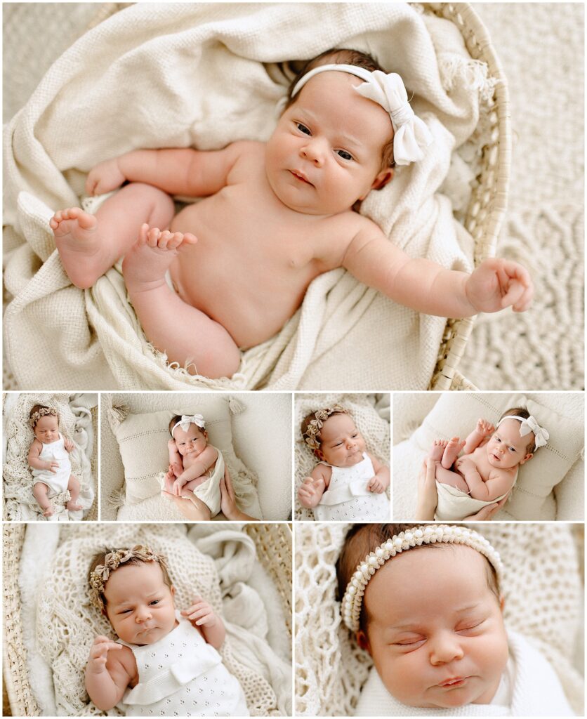 Newborn baby girl in white bow and beige blankets photographed at springhill florida photography studio