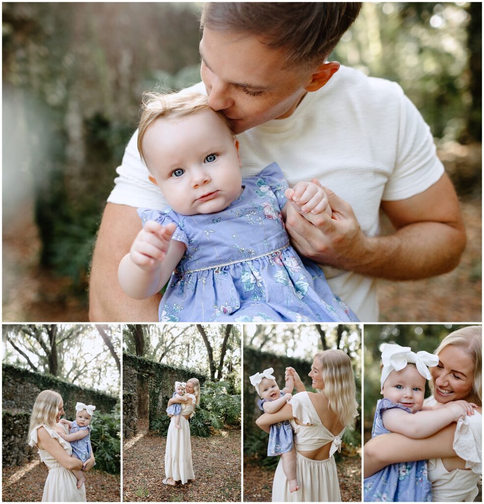 Baby in a blue and white floral dress playing with mom and dad in the shade of the ruins.
