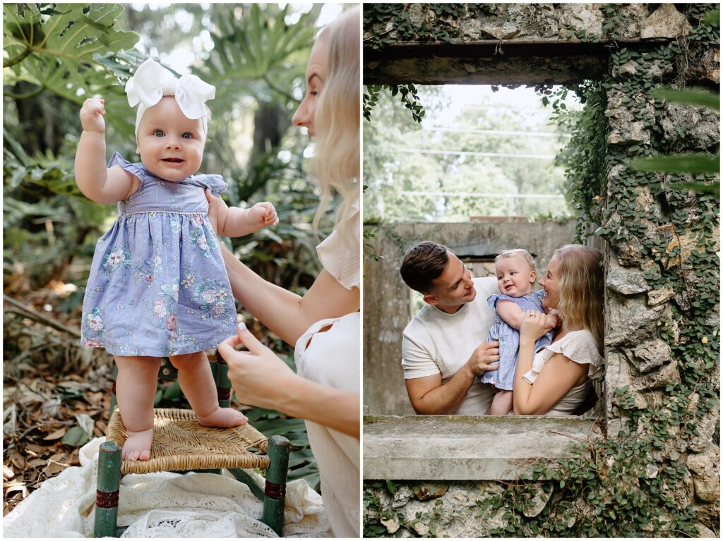 Family photo with baby in a blue and white floral dress, mom in white dress, and dad in cream shirt and white shorts