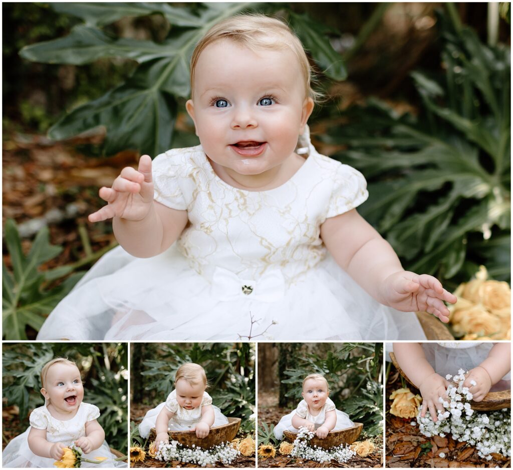 Baby in a gold and white floral dress crawling on the blanket during family session