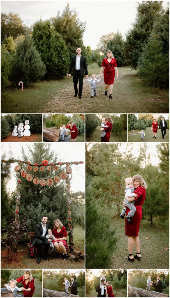 Laughing family of three walking through Blue Acres Christmas Tree Farm, Shady Hill, Florida. Dad in black suit, mom in red velvet dress, son in gray suit.

