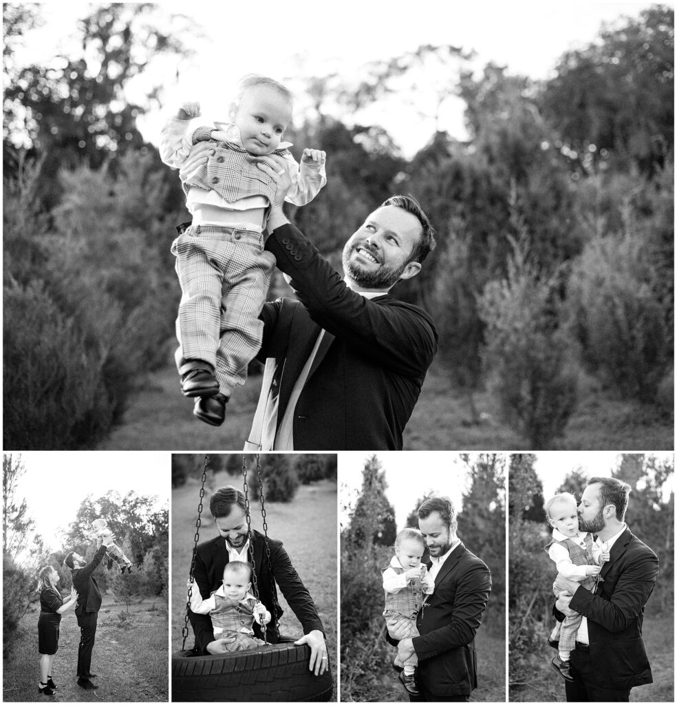 Black and white portraits of dad and toddler son playing and laughing at Blue Acres Christmas Tree Farm, Shady Hill, Florida. 