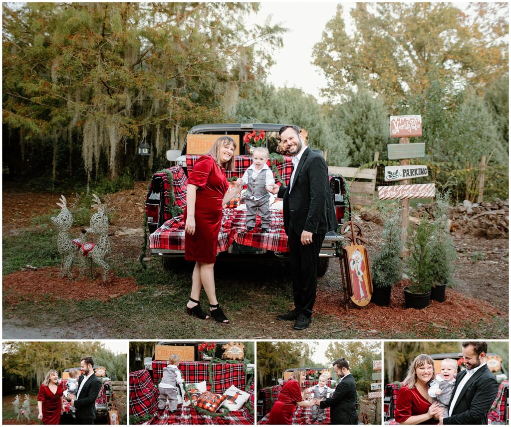 Mom, dad, and toddler son enjoying festive moments by a Christmas truck at Blue Acres, Shady Hill, Florida.