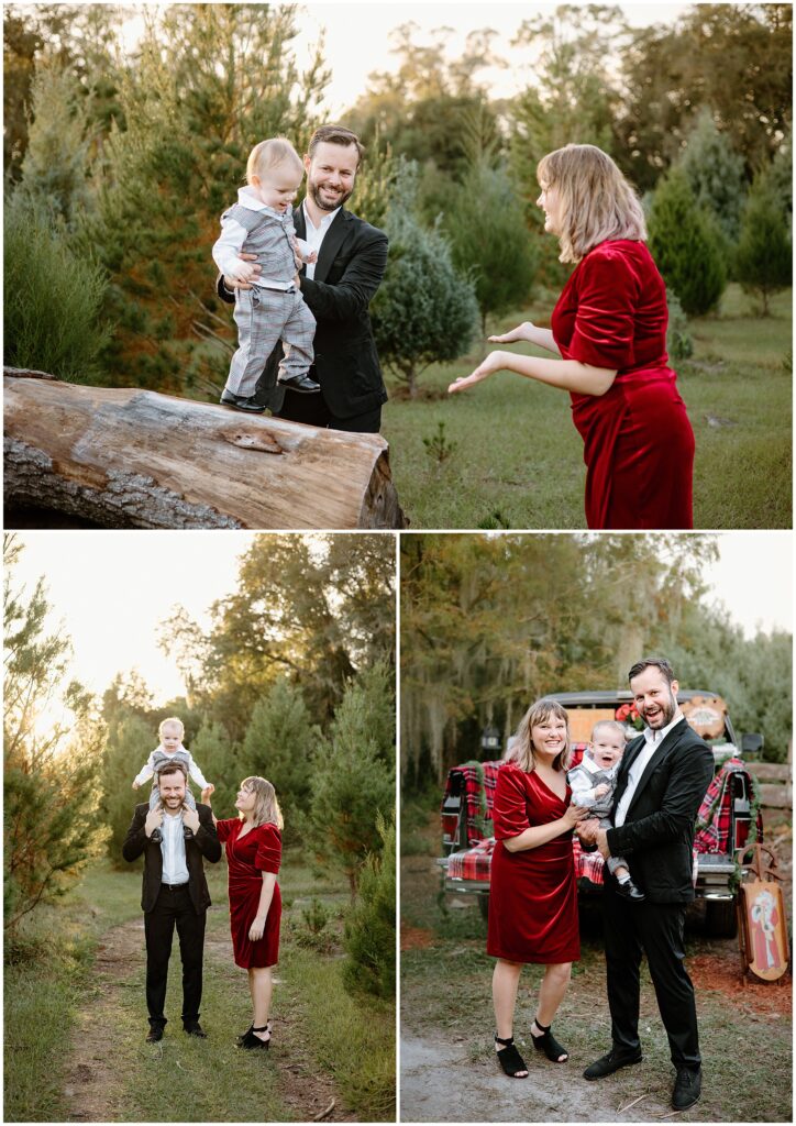 Laughing moments with mom, dad, and toddler son at a Christmas tree farm in Shady Hill, Florida.