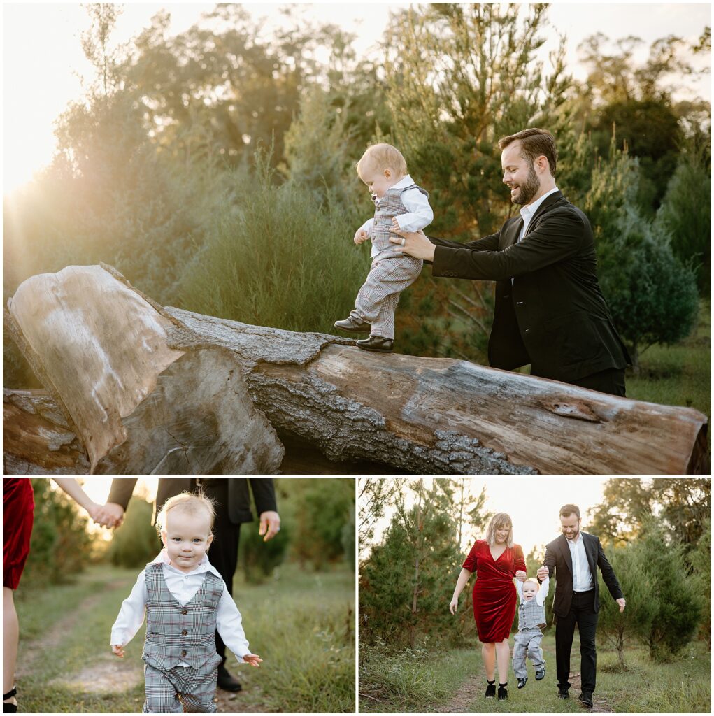 Family of three playing and laughing among Christmas trees at Blue Acres, Shady Hill, Florida.