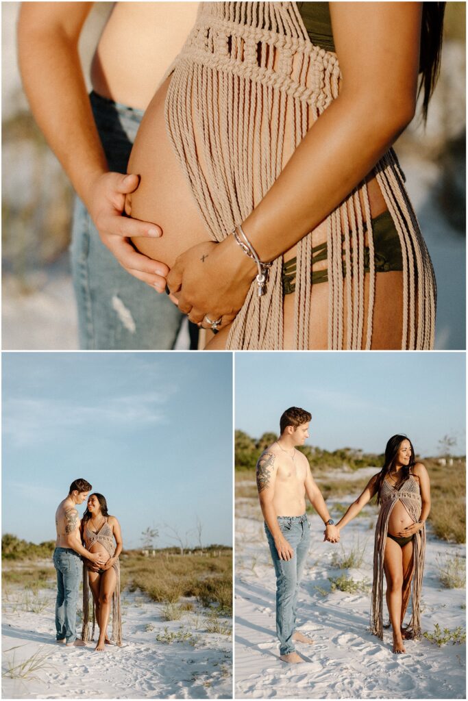 Maternity session at beach with mom and dad walking with hand on belly in bikini in florida