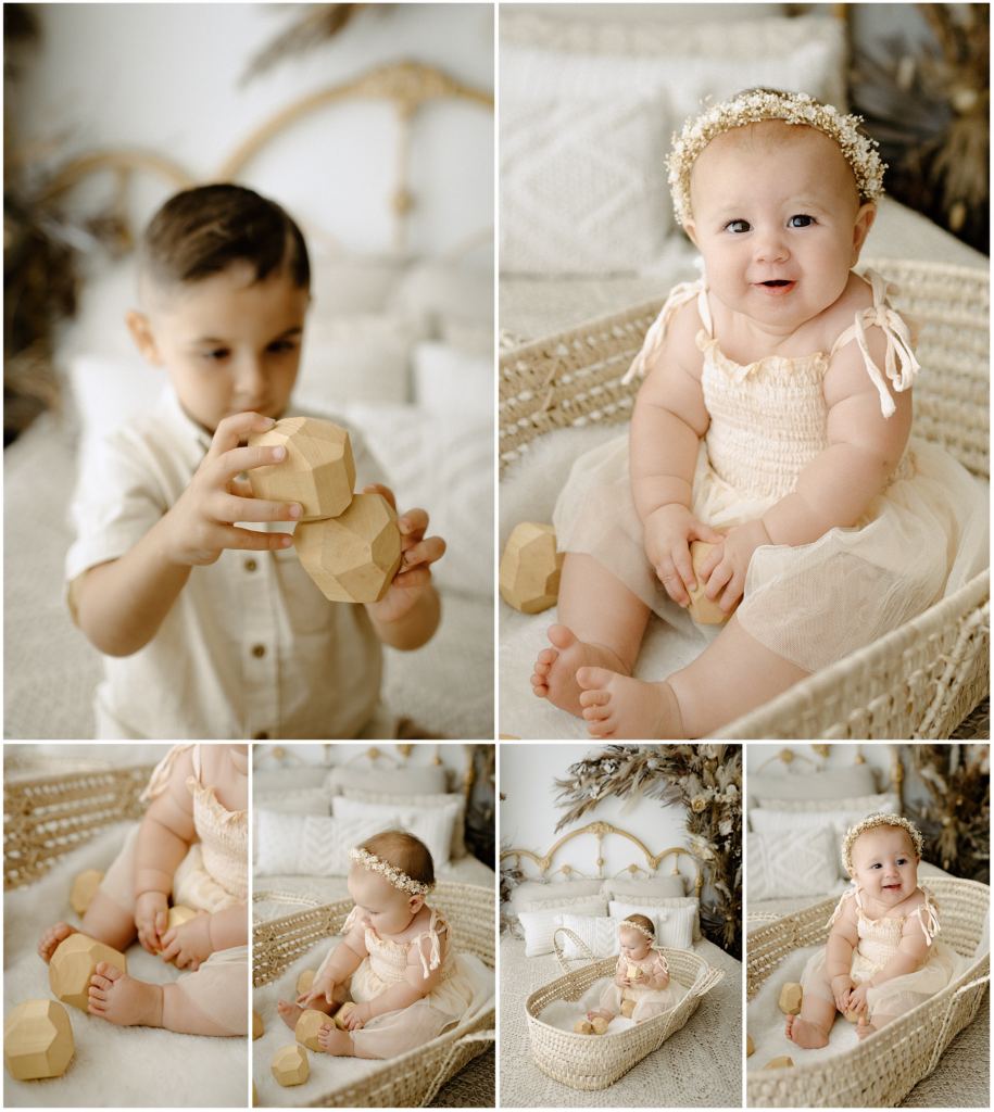 Close up portraits of brother and baby sister playing during family session in Springhill florida studio