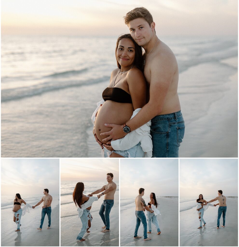 Mom and dad dancing during maternity session wearing jeans and walking by water at beach in springhill florida