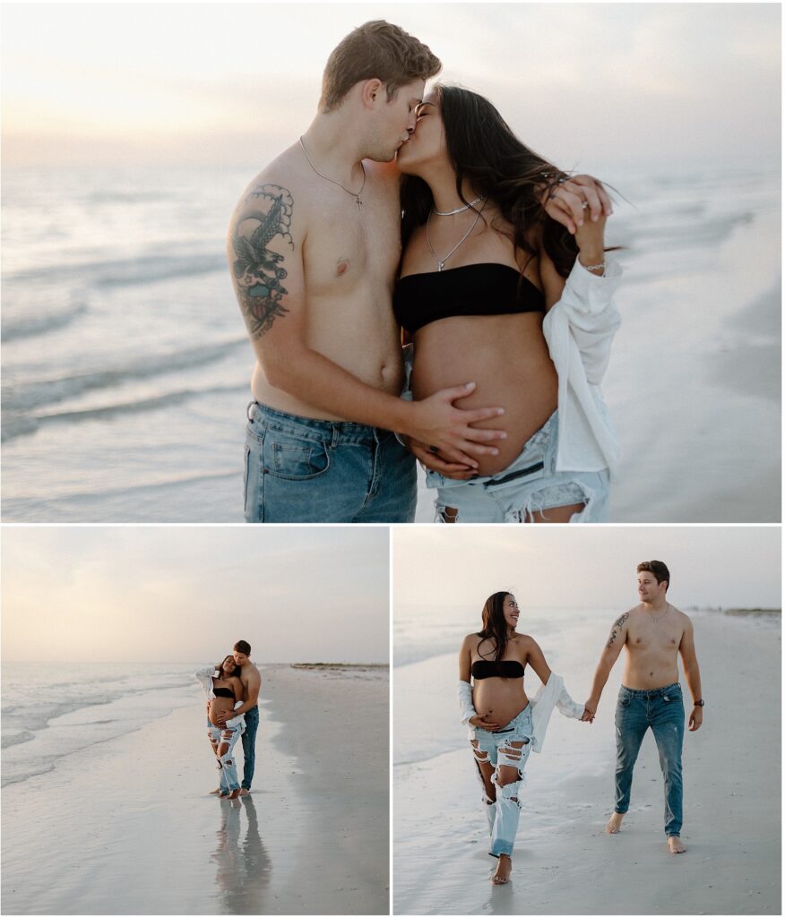 Maternity portraits of mom and dad holding hands while at beach in water in springhill florida