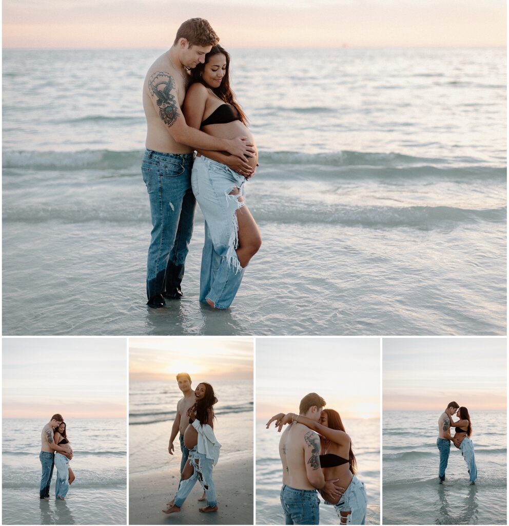 Maternity portraits of mom and dad holding hands while at beach in water in springhill florida