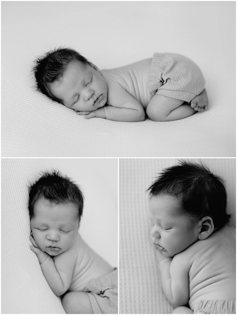 Black and white images of Newborn baby sleeping during a family photo shoot in Spring Hill, FL studio