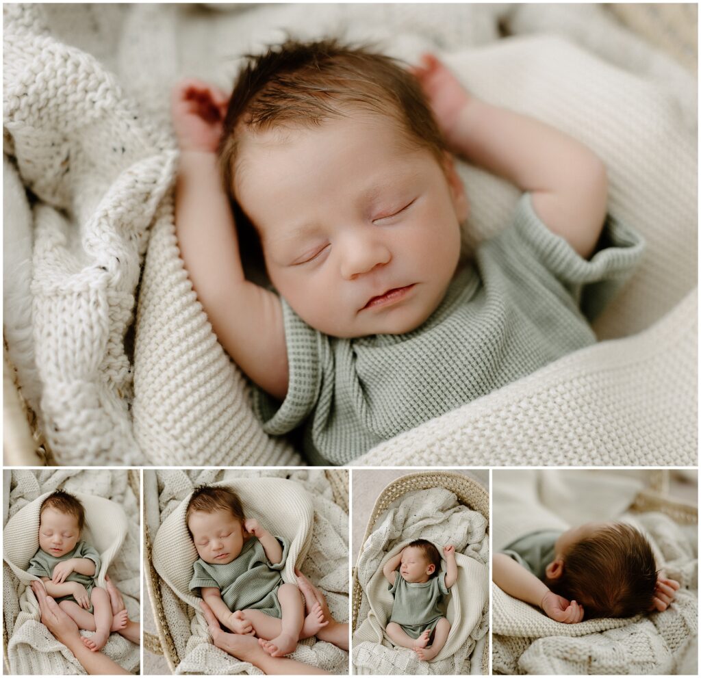 Close-up of a newborn baby swaddled in a cozy blanket in a Spring Hill, FL photography studio