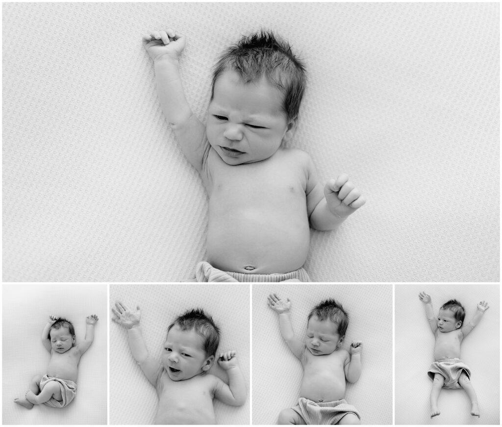 Black and white portrait close-up of a newborn baby's expressive face in a Spring Hill, FL photo session