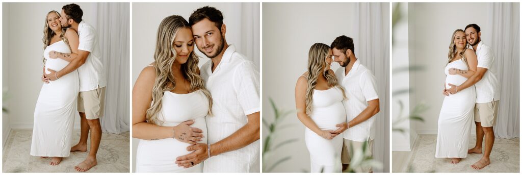 Dark-haired man in white shirt and khaki shorts with pregnant wife at Spring Hill Studio