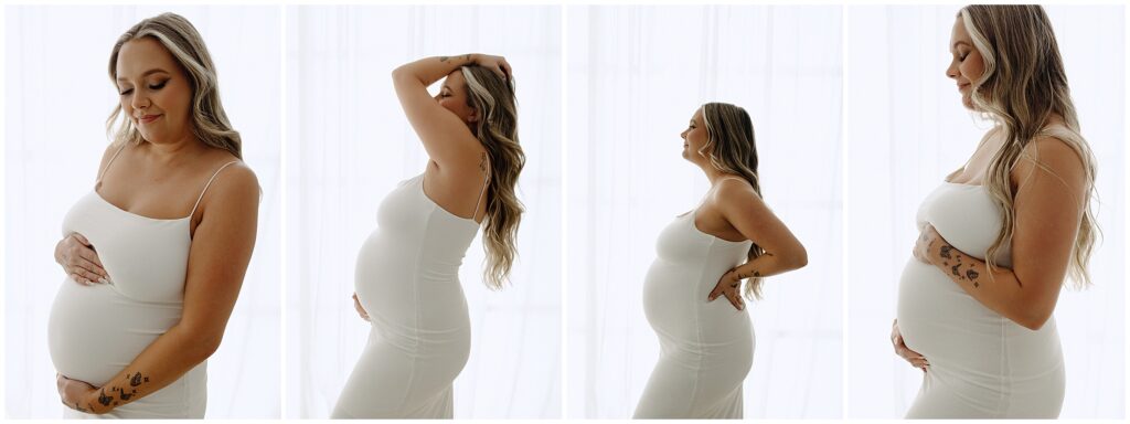 Blonde pregnant woman in white dress at Spring Hill Studio maternity session